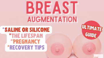 a pink artificial breast with text saying breast implant, types of healing, choosing saline or silicone